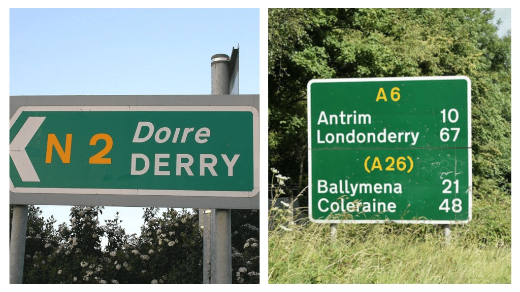 Two Irish road signs, one reading Doire / Derry and the other Londonderry